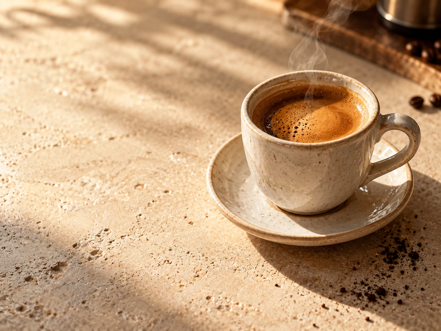 Espresso in a ceramic cup on a sunlit stone counter