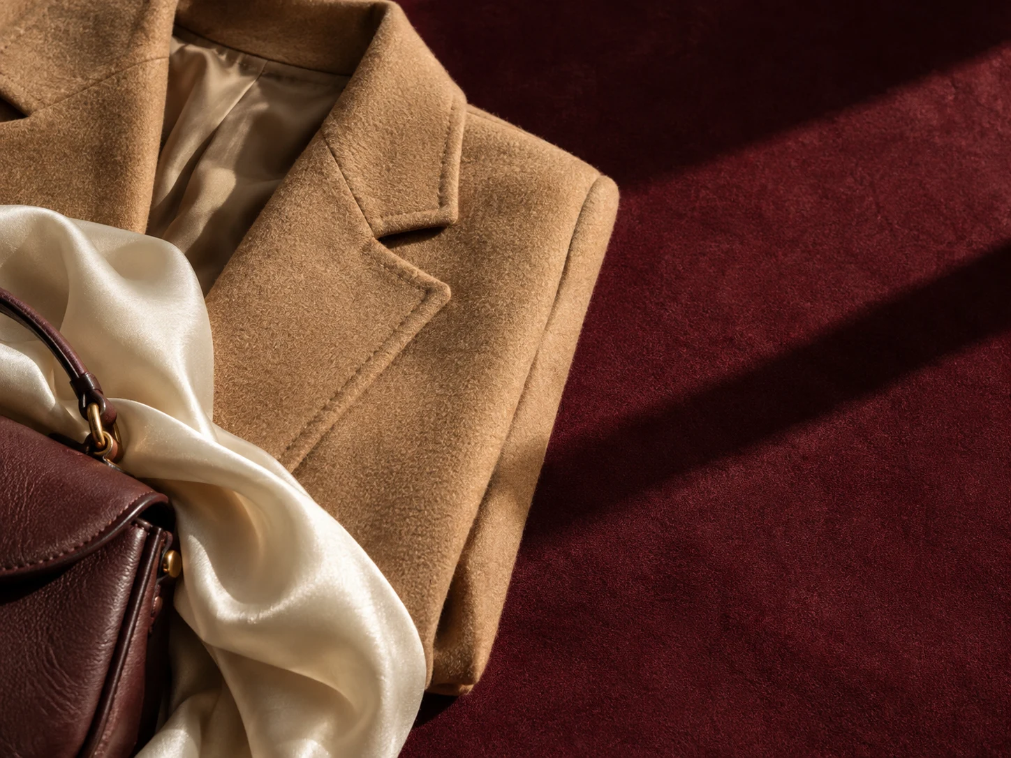 Camel coat, silk scarf and leather bag laid out in soft light