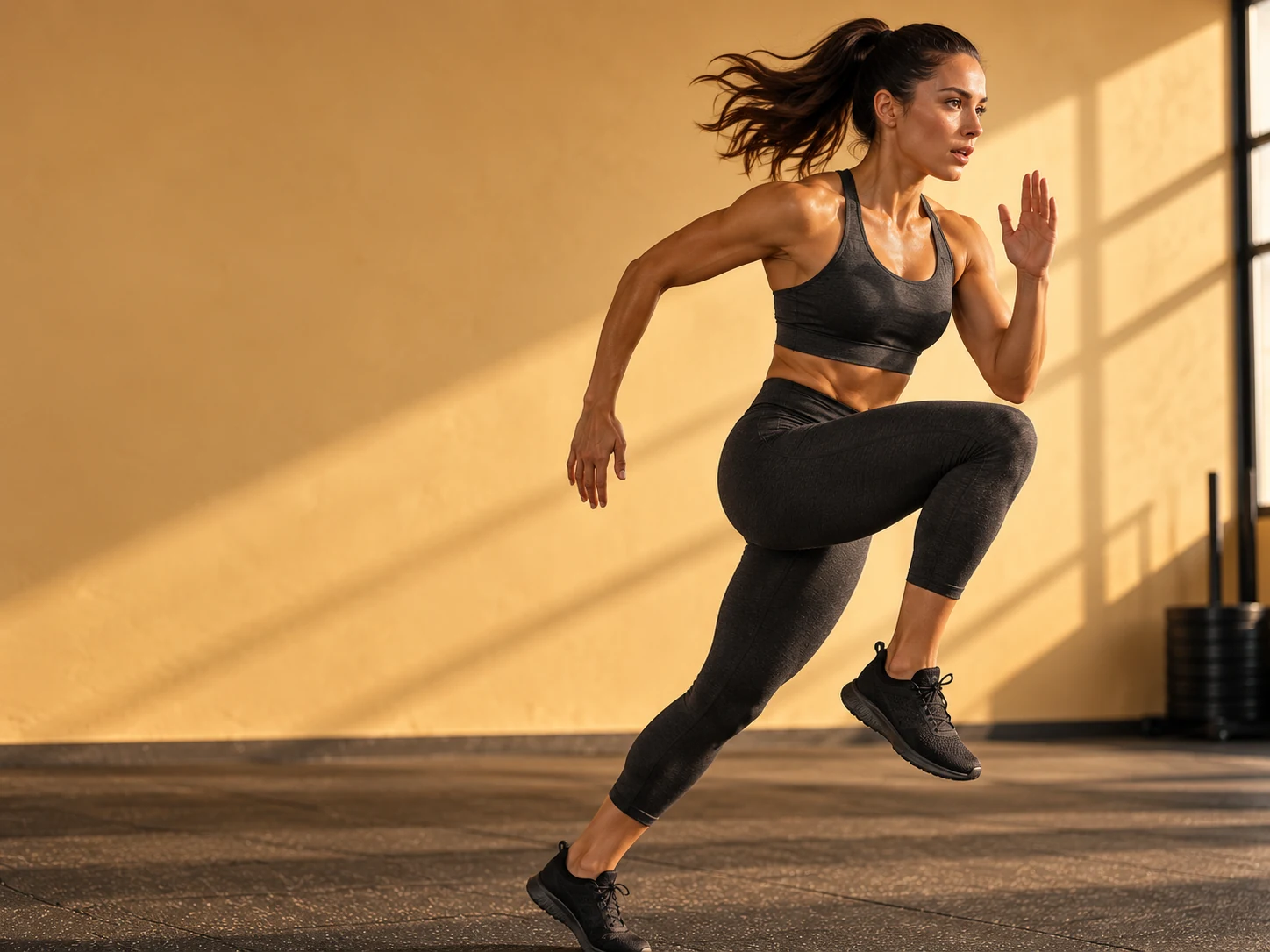 Athlete sprinting across a sunlit gym floor