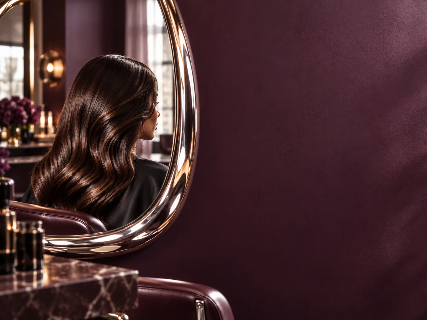 Salon client with glossy waves reflected in a mirror