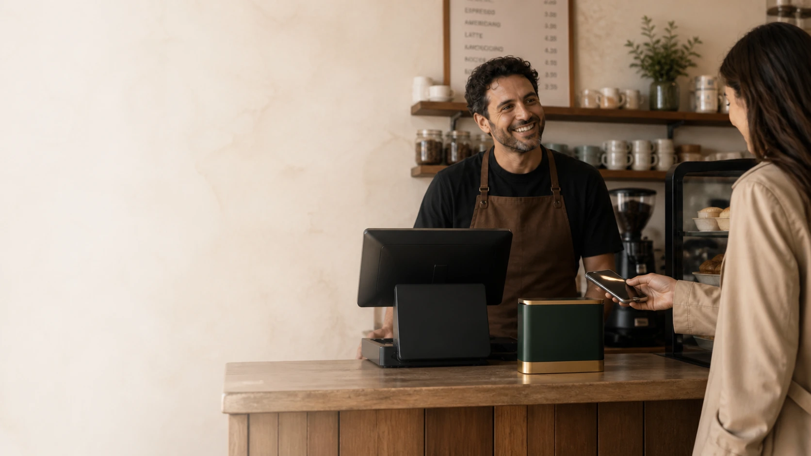 A café owner welcoming a customer at the counter